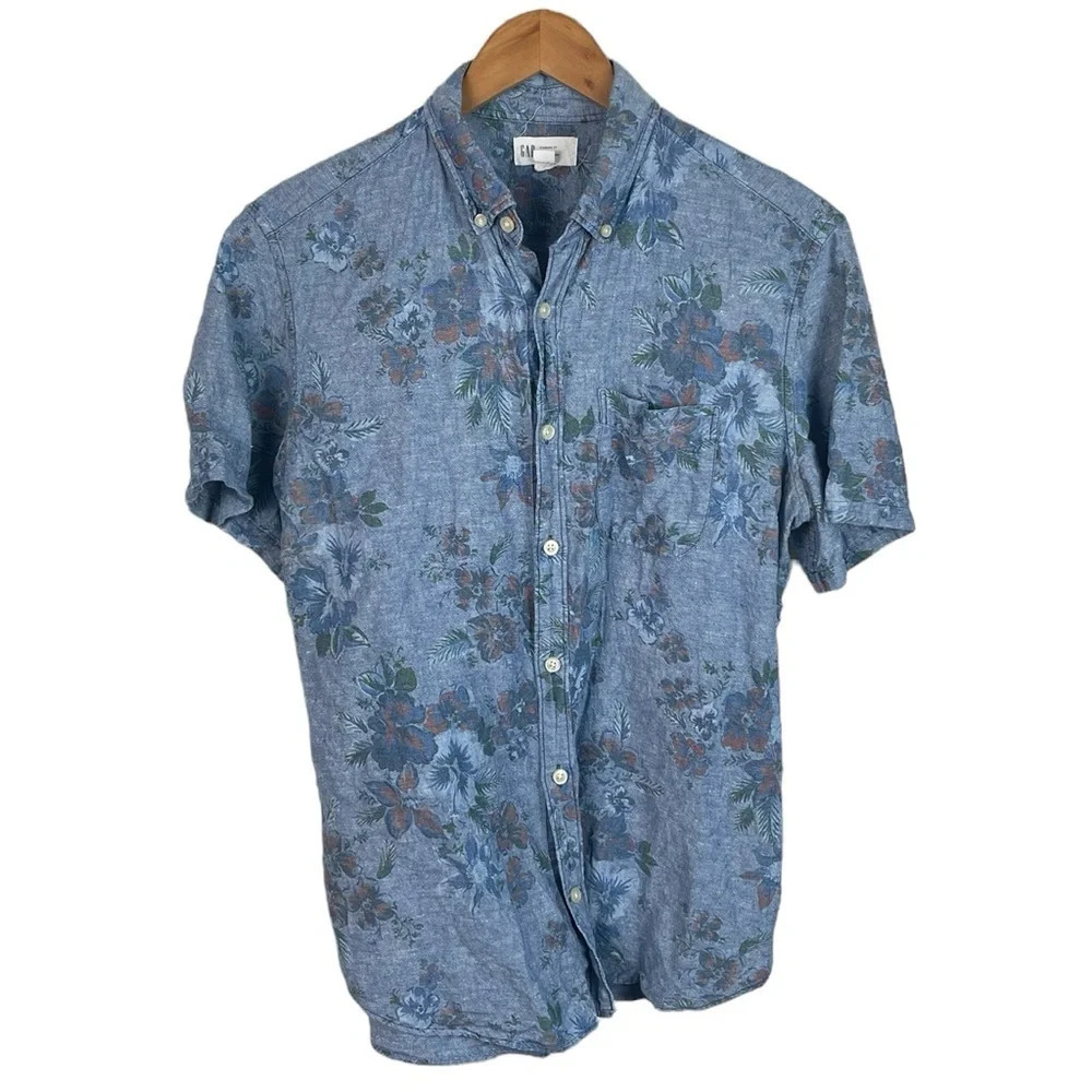 BF199 Men’s GAP Standard Fit Floral Hawaiian Casual Linen Blend Shirt M